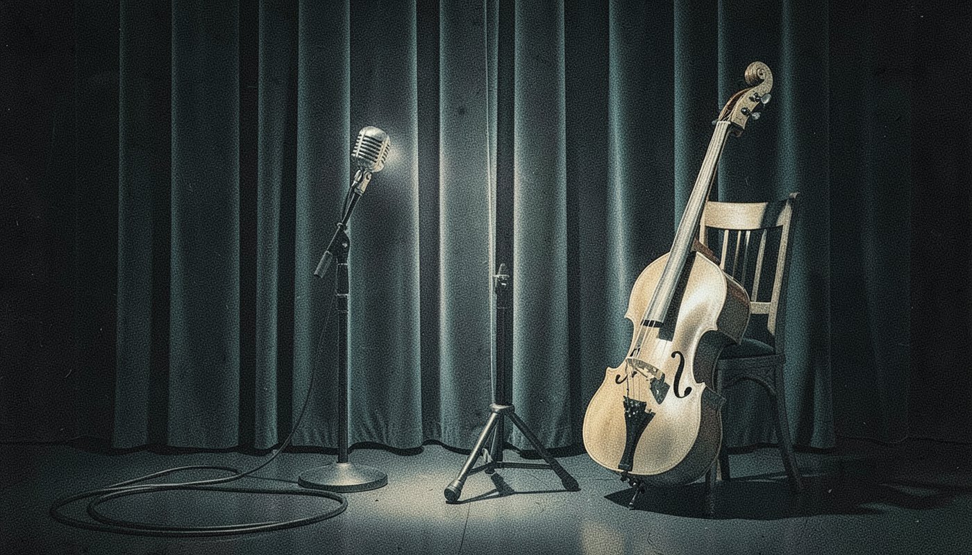 Ilustração de um palco pequeno de clube de jazz com cortina de veludo, microfone e contrabaixo